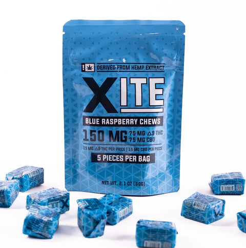 XITE D9 BLUE RAZZ CHEWS 150MG Pouch